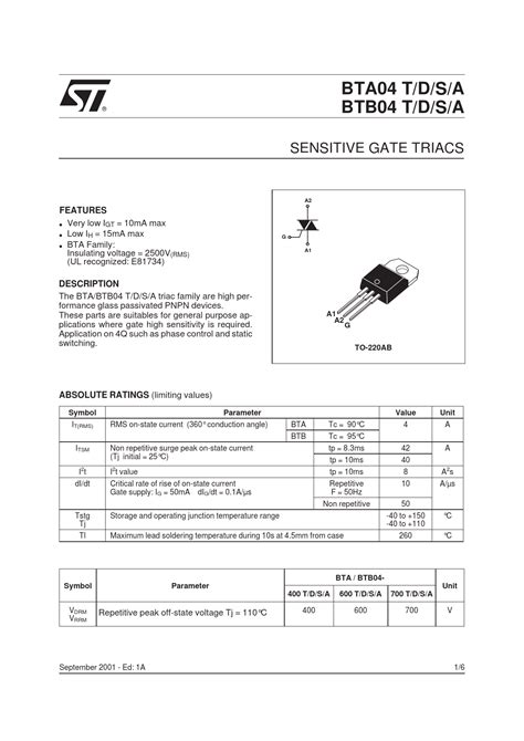 Datasheet BTA04, BTB04 STMicroelectronics - Preview and Download