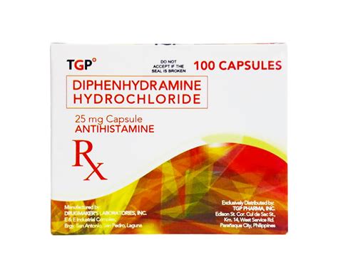 TGP Diphenhydramine Hydrochloride 25mg 100 Capsules Antihistamine