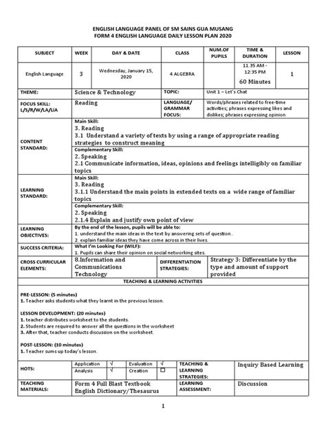 LP Form 4 - L1 | PDF | Lesson Plan | Teachers