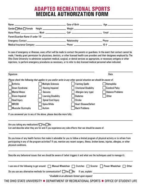 Fillable Online Adapted Recreational Sports Medical Authorization Form