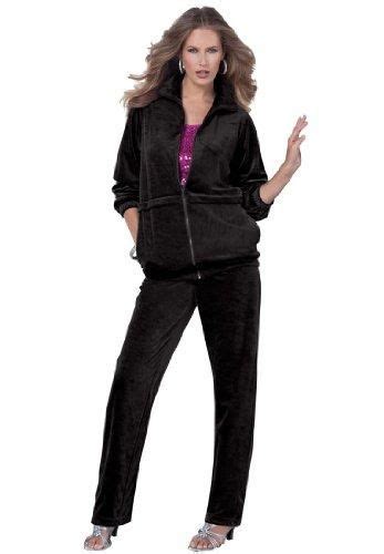 Roamans Womens Plus Size Petite Straight Leg Velour Jogging Suit Black