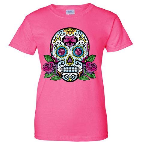 Dia De Los Muertos Sugar Skull Roses Ladies T Shirt Ebay