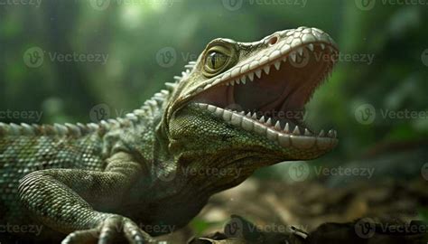 Green giant lizard with sharp teeth roams the forest floor generated by ...