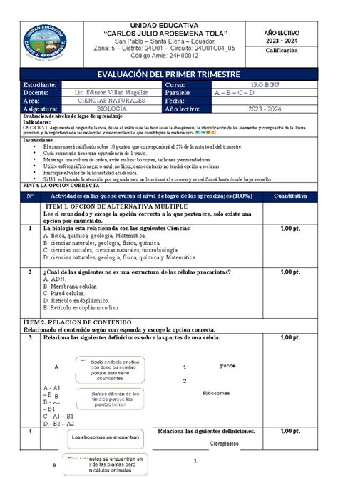 Examen Trimestral Cuantitativabiologia Unidad Educativa Carlos Julio