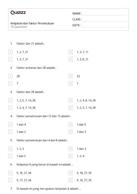 Lembar Kerja Faktor Dan Kelipatan Untuk Kelas Di Quizizz Gratis