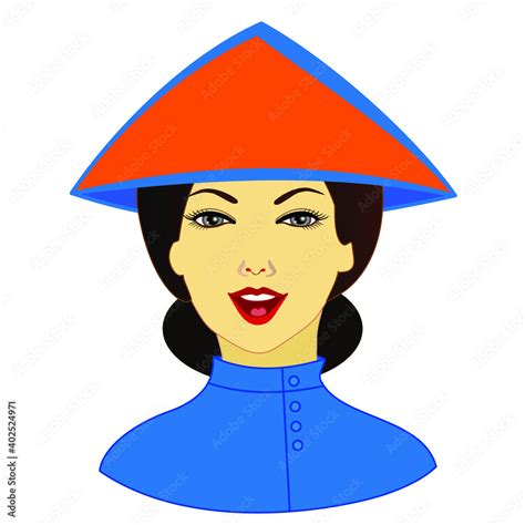 emoji with a stereotypical chinese woman wearing an asian conical straw hat, funny cartoon ...