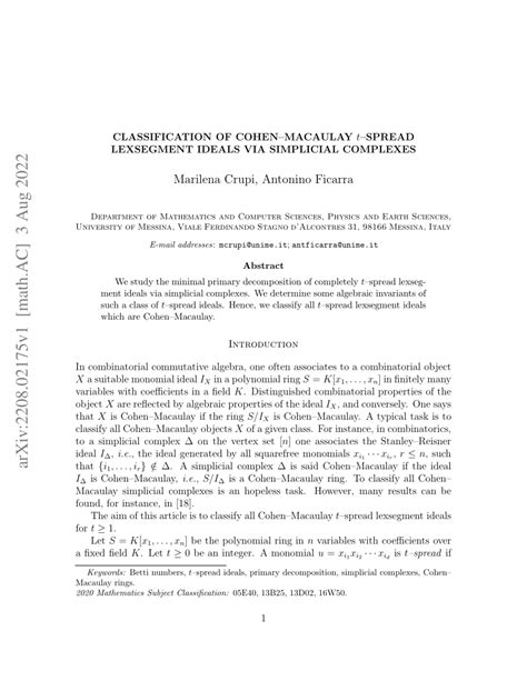 PDF Classification Of Cohen Macaulay T Spread Lexsegment Ideals Via