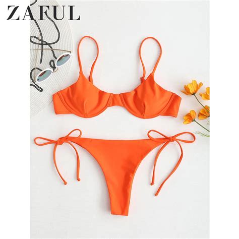 Zaful Tie Side Underwire Bikini Set Low Waisted Spaghetti Straps Swim