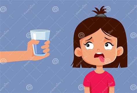 Thirsty Girl Receiving A Glass Of Water Vector Cartoon Illustration