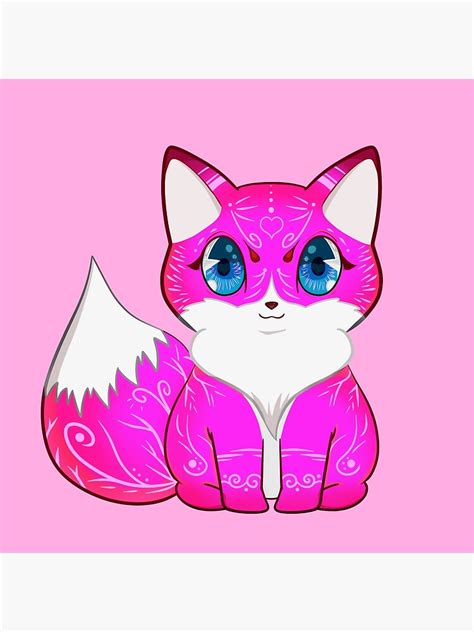 Lámina Fotográfica Kawaii Pink Fox Con Ojos Azules Y Marcas Blancas