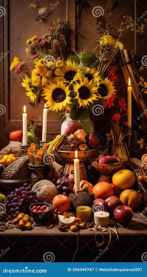 Beautiful Fruits And Flowers Burning Candles On Traditional Mabon Home