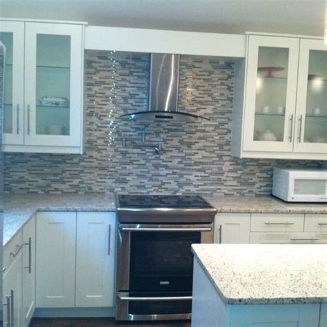 Linear Glass Mosaic Backsplash With Bianca Antico Granite Countertops Mosaic Backsplash Wall