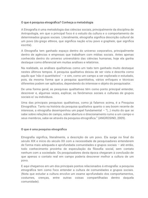 Texto Pesquisa Etnográfica Pdf Etnografia Pesquisa Qualitativa