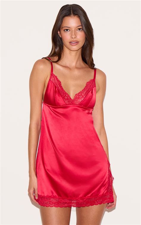 Red Satin Lace Split Detail Slip Dress Lingerie Nightwear Plt Aus
