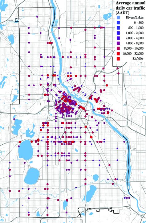 Average Annual Daily Car Traffic Aadt Both Dot Size And Color Scale