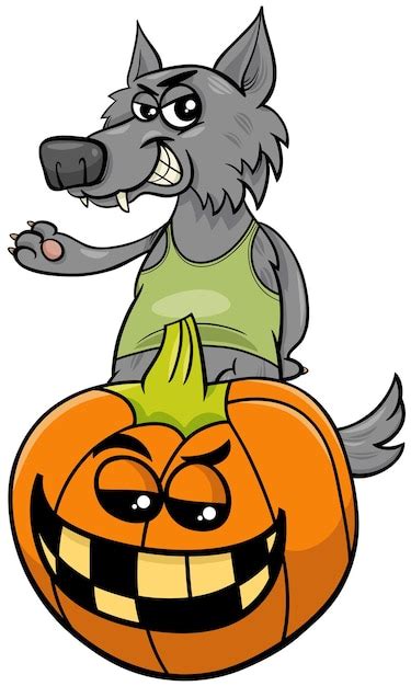 Zeichentrickfigur Werwolf mit Halloween Kürbis Premium Vektor