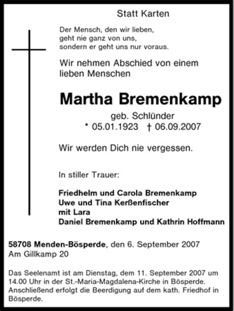 Traueranzeigen Von Martha Bremenkamp Trauer In NRW De