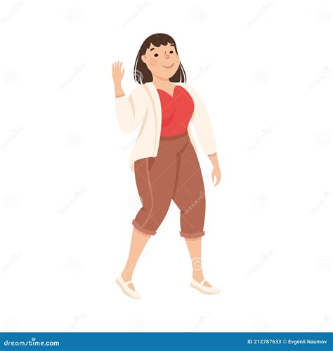 Plus Size Brunette Woman Standing And Waving Hand Vector Illustration Stock Vector