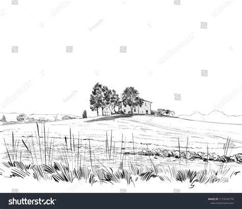 Rural Landscape Farm Sketch Hand Drawn Stock Vector (Royalty Free ...