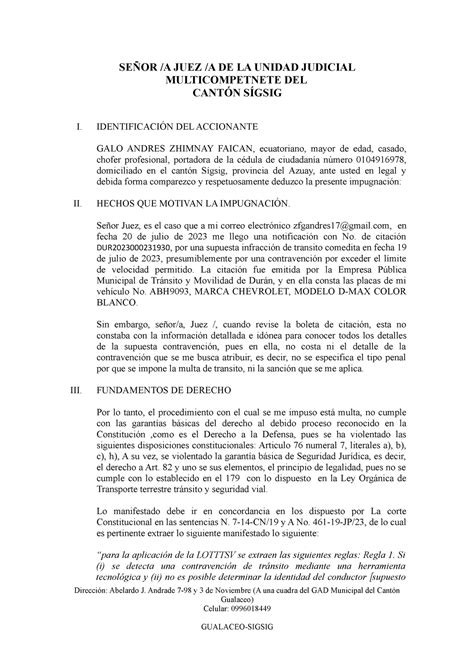 Impugnación de transito SEÑOR A JUEZ A DE LA UNIDAD JUDICIAL