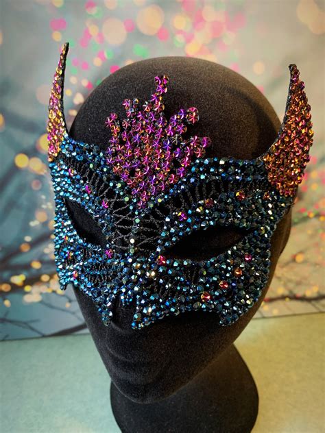 Horny Devil Demon Masquerade Mask Black Ab Green Copper Gold Crystals Halloween Cosplay