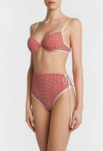 La Perla High Waisted Bikini Briefs In Blue Gingham Seersucker Red