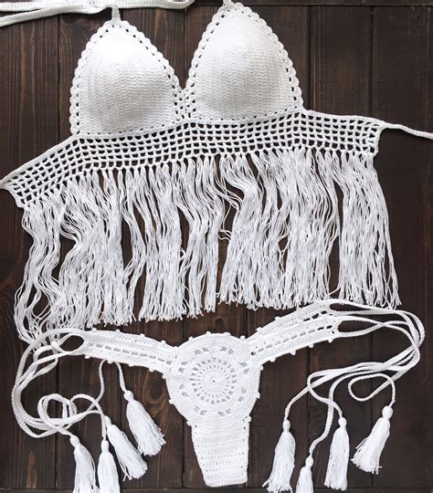 Custom Crochet Thong Bikini Set With Fringe Women Two Piece Etsy