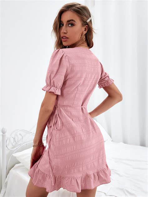 Shein Priv Vestido Cruzado De Manga Farol Bajo Con Fruncido Con Nudo