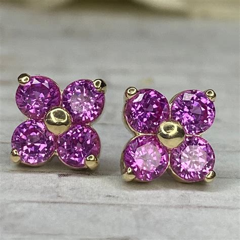 Pink Sapphire Stud Earrings 14k Solid Yellow Gold Pink Sapphire Stud