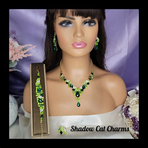 Green Bridal Jewelry Bridal V Shape Necklace Earrings Prom Jewelry