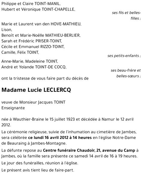 Avis De Décès De Lucie Leclercq Décédé Le 12 04 2012 à Namur Annonce