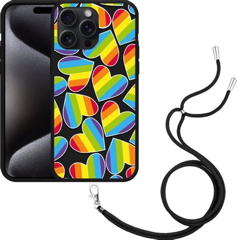 Cazy Hoesje Met Koord Zwart Geschikt Voor IPhone 15 Pro Max Regenboog