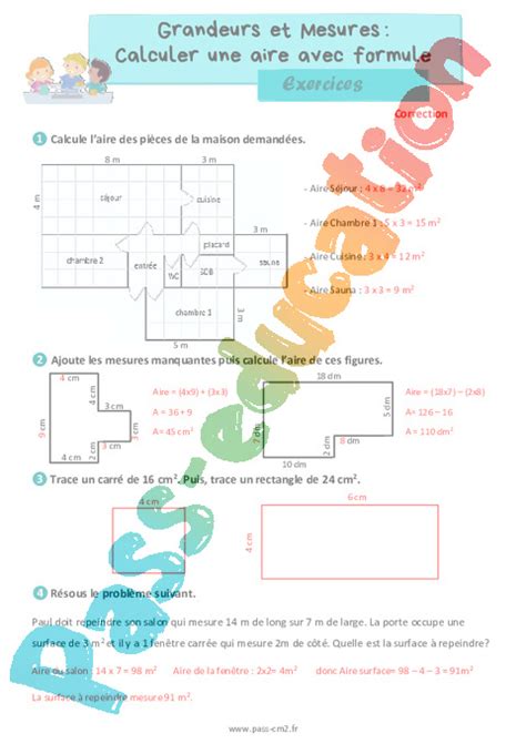 Calculer Une Aire Avec Formule Exercices De Grandeurs Et Mesures Pour