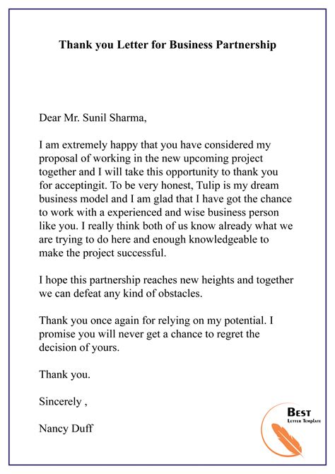 Sample Thank You Letter Template For Business Partnership