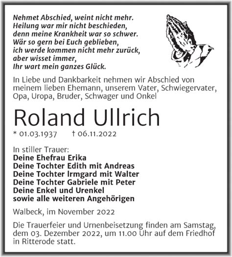 Traueranzeigen Von Roland Ullrich Abschied Nehmen De