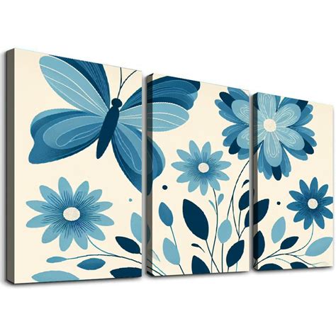 Pikweek Piece Canvas Wall Art Navy Flower Painting Art Prints Blue