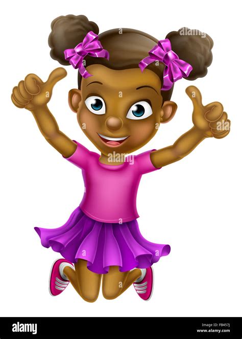 Happy cartoon young black girl jumping for joy with hands in the air ...