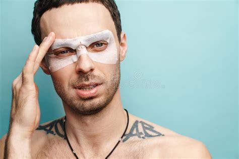 Close Up Portrait Of A Brunette Mid Aged Shirtless Man Stock Image Image Of People Blue