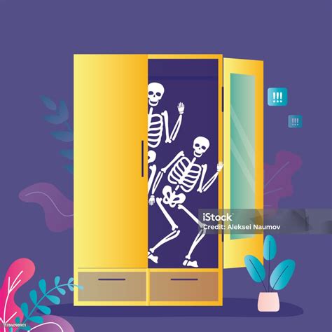 Skeleton In The Closet Or Cupboard Metaphoric Idiom Funny Cartoon