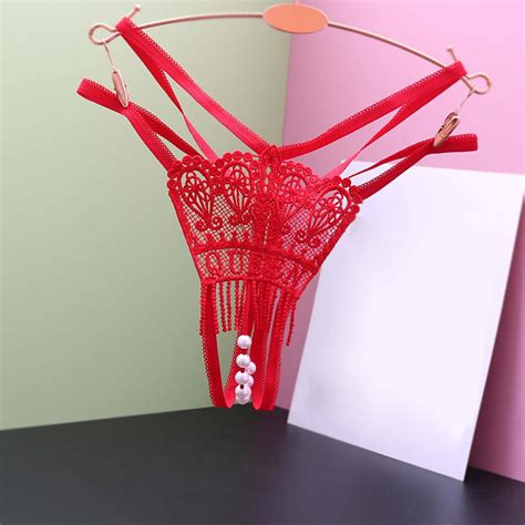 Women Transparent Sexy Hot Open File Low Rise Lace Pearl Hollow Thong Womens Work Out Panties