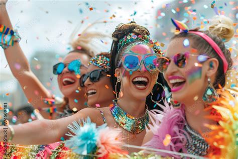 Lesbian Women On A Gay Pride Parade Float Showcasing Vibrant Rainbow Themed Attire Joining The