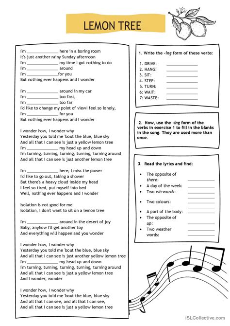 Lemon Tree Song Present Continuous English Esl Worksheets Pdf Doc