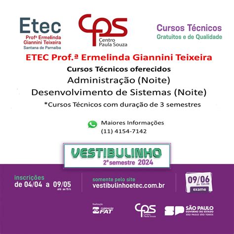 Vestibulinho Semestre Etec Prof Ermelinda Giannini Teixeira