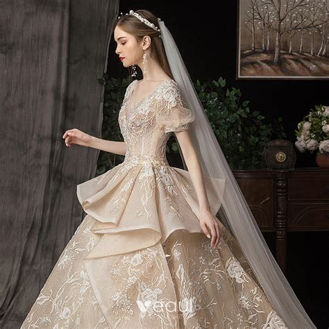 Victorian Style Champagne Wedding Dresses 2020 Ball Gown V Neck Puffy