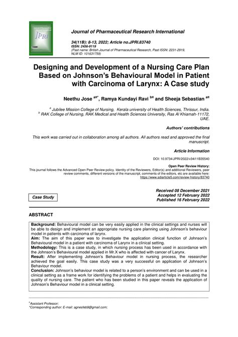 Pdf Designing And Development Of A Nursing Care Plan Based On Johnson