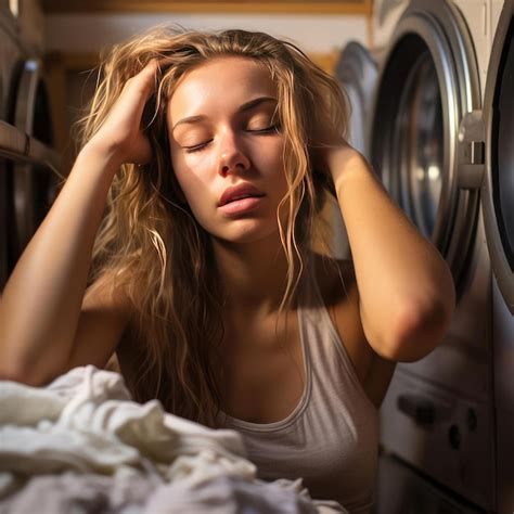 Premium Photo Beautiful Woman Tired Next To Washing Machine