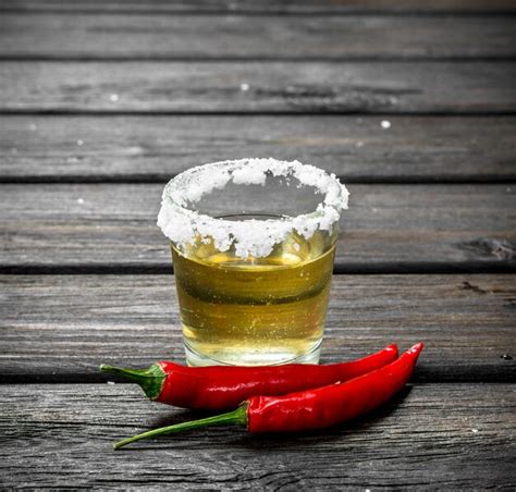 Premium Photo Tequila In A Glass Of Salt And Hot Pepper Pods