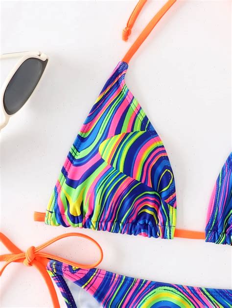 Bañador bikini triángulo halter con patrón de fluido Azul eléctrico