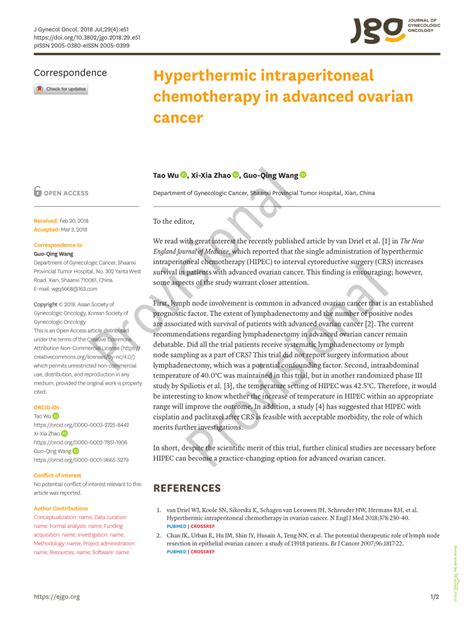 (PDF) Hyperthermic intraperitoneal chemotherapy in advanced ovarian cancer