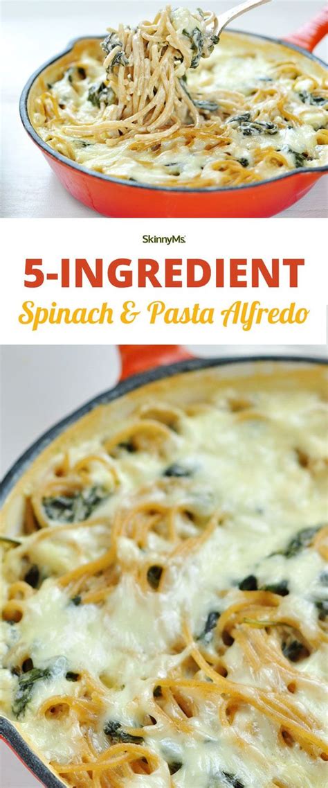 Spinach And Pasta Alfredo In A Red Skillet With The Words 5 Ingredient Spinach And Pasta Alfredo